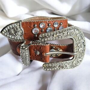 Brown Rhinestone Studded Belt Western Cowgirl Women's Silver Buckle 39"L x 1.5"W